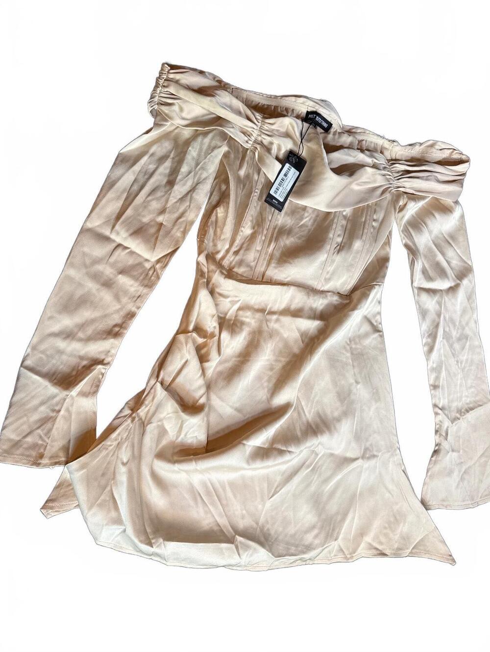 PrettyLittleThing Size 4 Champagne Satin Pleat Detail Bardot Flared Sleeve Dress